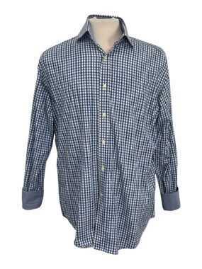 Neiman Marcus Shirt Men's Large Blue Plaid Check w/ Flip Cuff Button Down Cotton